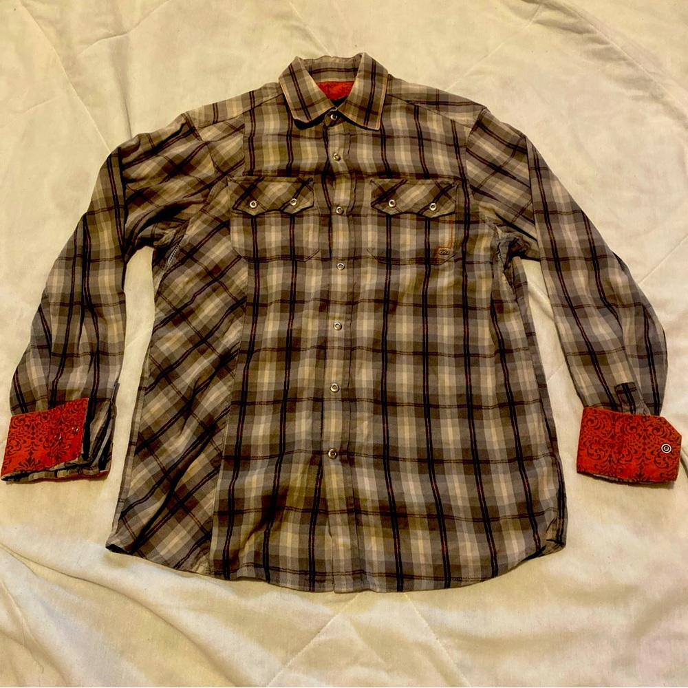 686‎ Snowboards Flip Cuff Western Shirt M Orange Stripe Cotton LS Snaps Vented